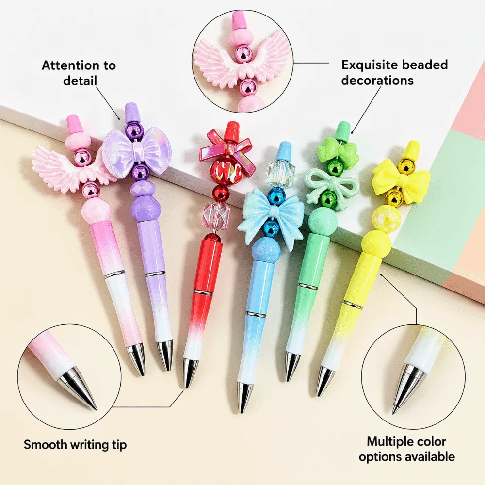 Smooth Writing Beadable Ballpoint Bow Topper Decorative Stacked Beads Ballpoint Pens Gradient Color DIY Beaded Ballpoint Pen