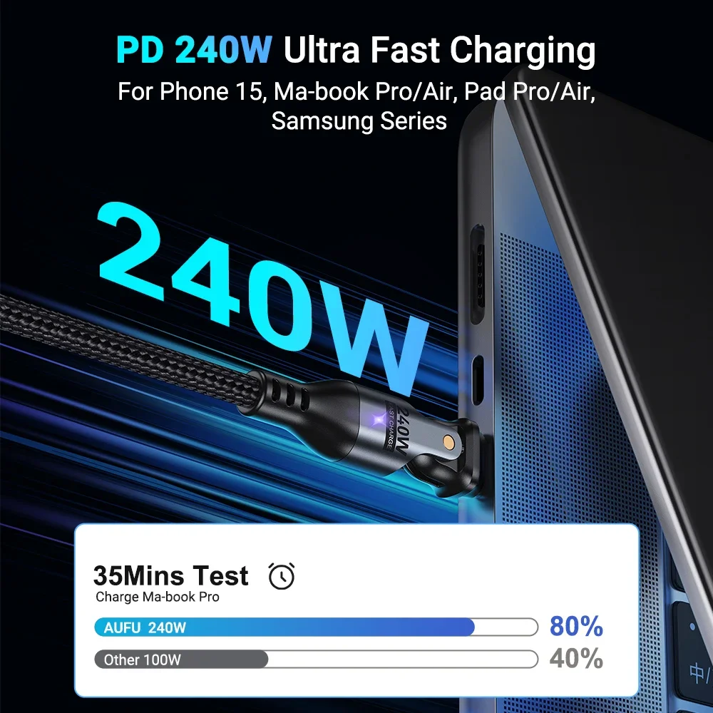 AUFU USB-C zu Typ-C Handy-Datenkabel 240W 5A Schnellladekabel für Samsung OPPO MacBook Laptop 180-Grad-Typ-C-Kabel 3M – Detail 3