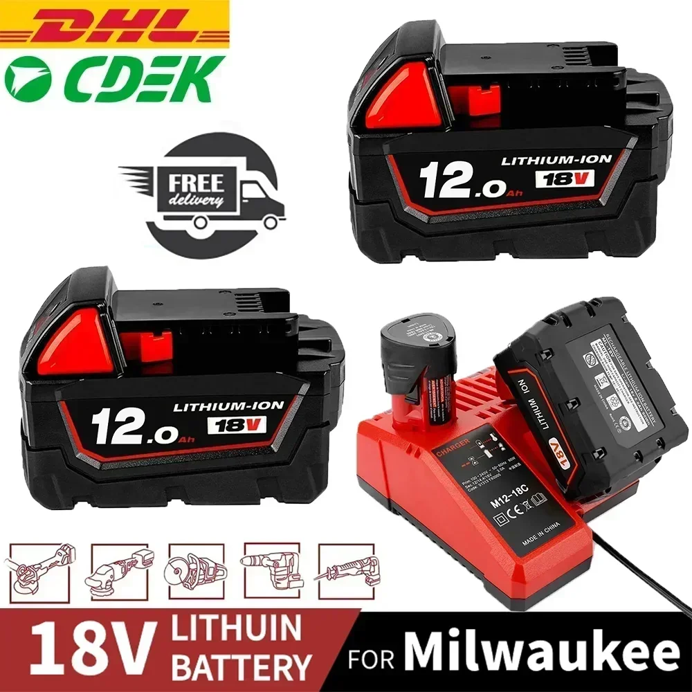 For Milwaukee M18 Power Tool Battery, Charger, 18V 6000mAh, BR, XC, 18V, M18B5, 48-11-1860, Built-in 18650 Battery