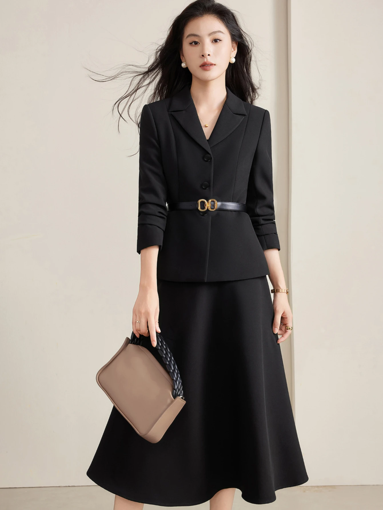 

Women Single-Breasted Blazer And A-Line Midi Skirt Elegant Formal Office Suit Set For Business Meeting Occasion