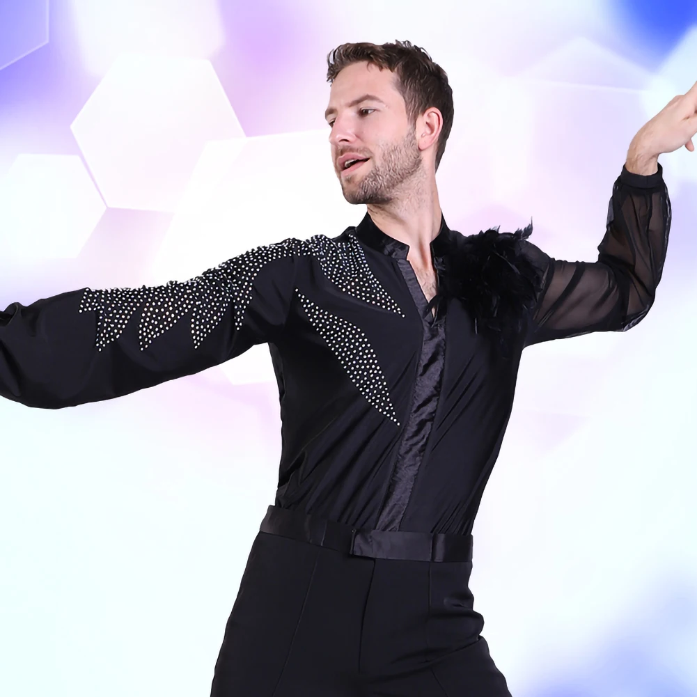 

Мужская рубашка для латинских бальных танцев, черный цельный топ, новый танцевальный рубашка со стразами и v-образным вырезом, самба, красный, с длинным рукавом, румба