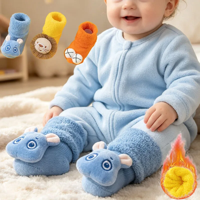 1-4Pairs Thickened Thermal Baby Socks Mid Calf Soft Stretchy Cuff Non Slip Grip for 1-3 Years Boys Girls Crawling