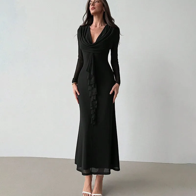 Outono novas mulheres maxi vestidos dupla moda camada malha streetwear mangas compridas vestido sólido sexy com decote em v vestidos femininos elegantes