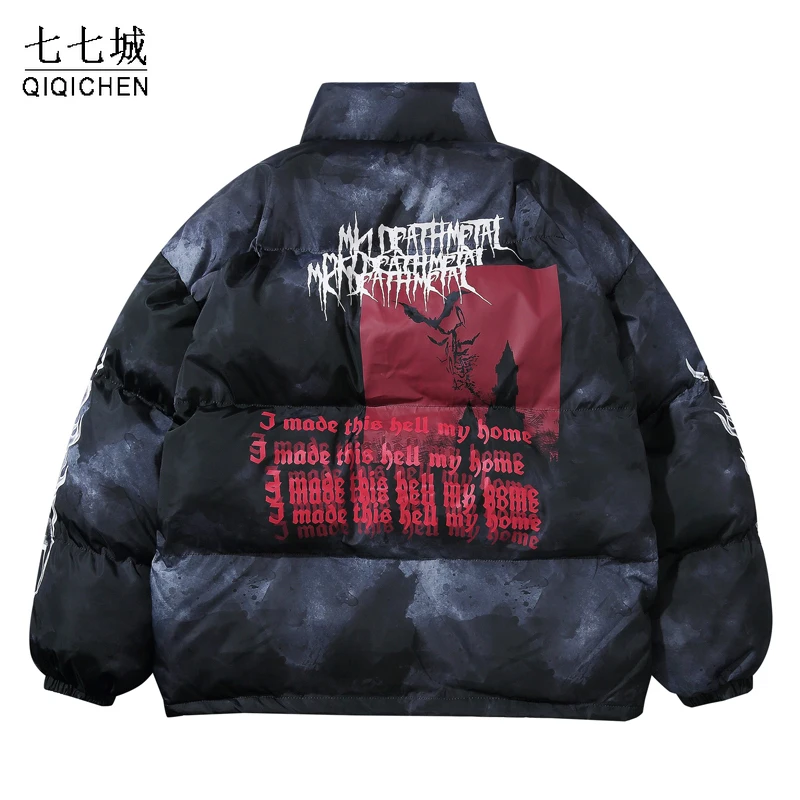 Mens Oversized Parkas Winter Graphic Tie Dye Waterproof Padded Puffer Jacket Hip Hop Casual Windbreaker Coat Unisex Streetwear