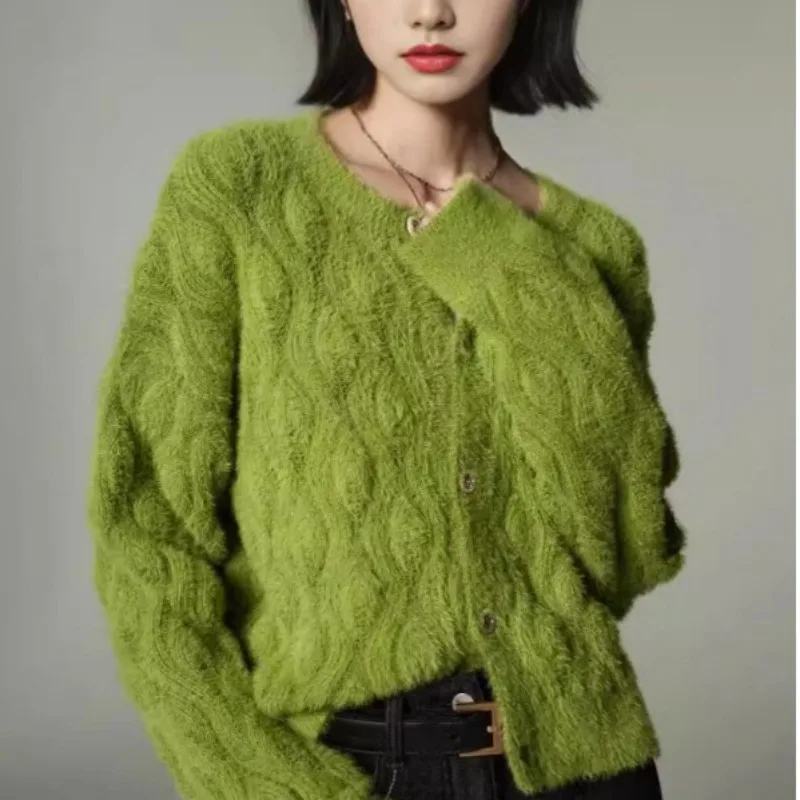 

2024 Autumn Winter Women Fake Wool Knitted Jacket Long Sleeve Round Neck Loose Knitwear Warm Outwear Cardigan Casual Sweater