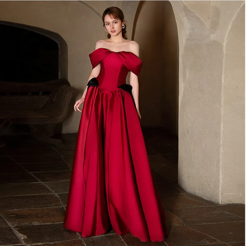 Women Burgundy Off Shoulder Prom Dresses Satin Elegant Long A-line Party Gowns Formal Dress