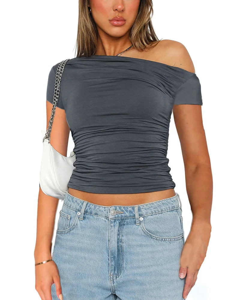 High Elasticity Fabric Solid Color Slash Shoulder Short Sleeve Shrinkage Pleated Navel Reveal Top Ladies Casual Tops