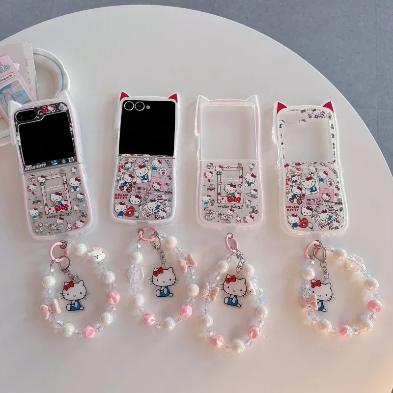 Cute Cartoon Painted Cat Ears Full Screen Hello Kitty Phone Case for Samsung Z Flip 7/6/5/4/3 with Lanyard Shockproof