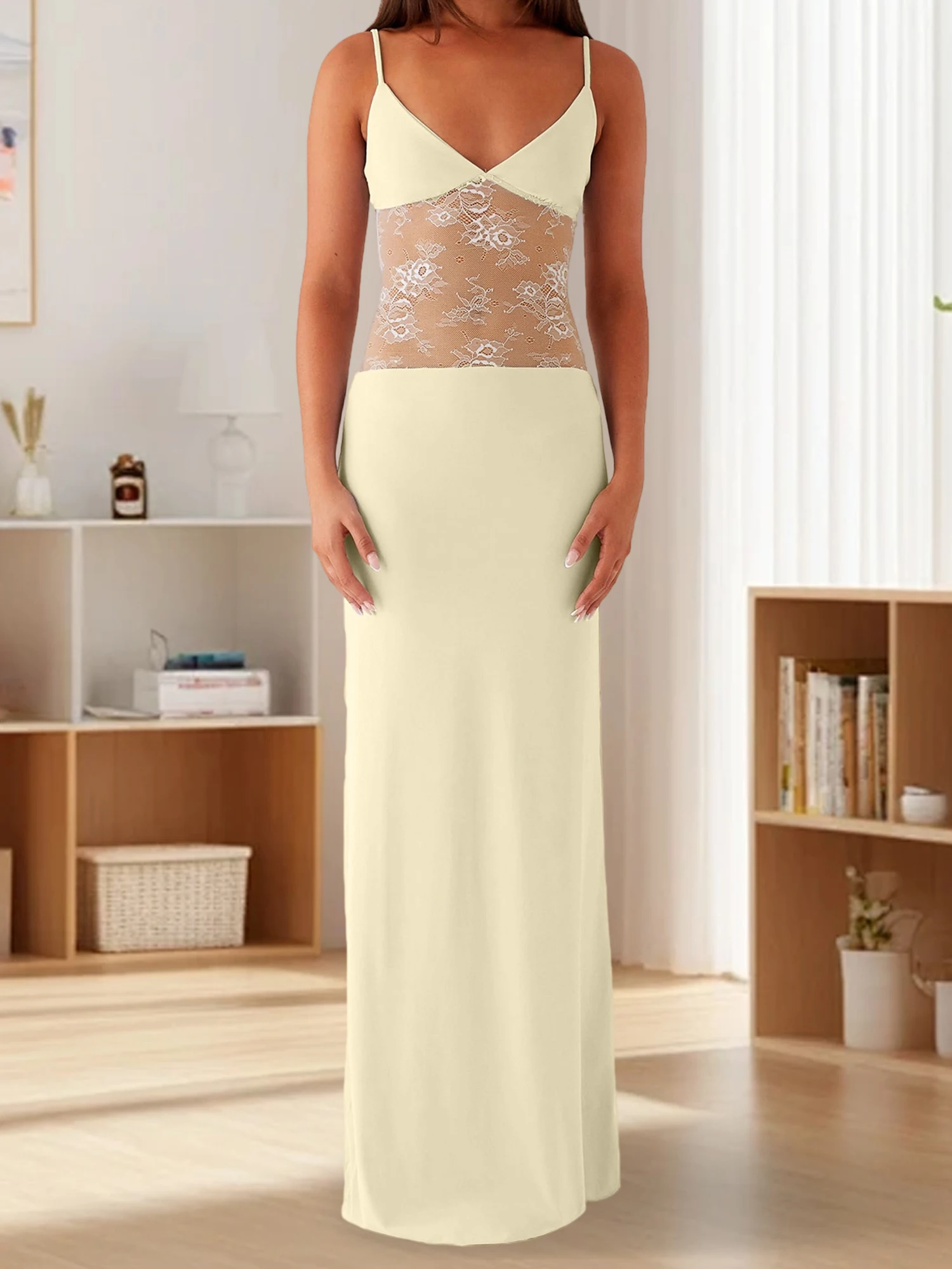 Women's Bodycon Cami Dress Sleeveless Spaghetti Strap Sheer Lace Patchwork Long Dress Summer Party Dress