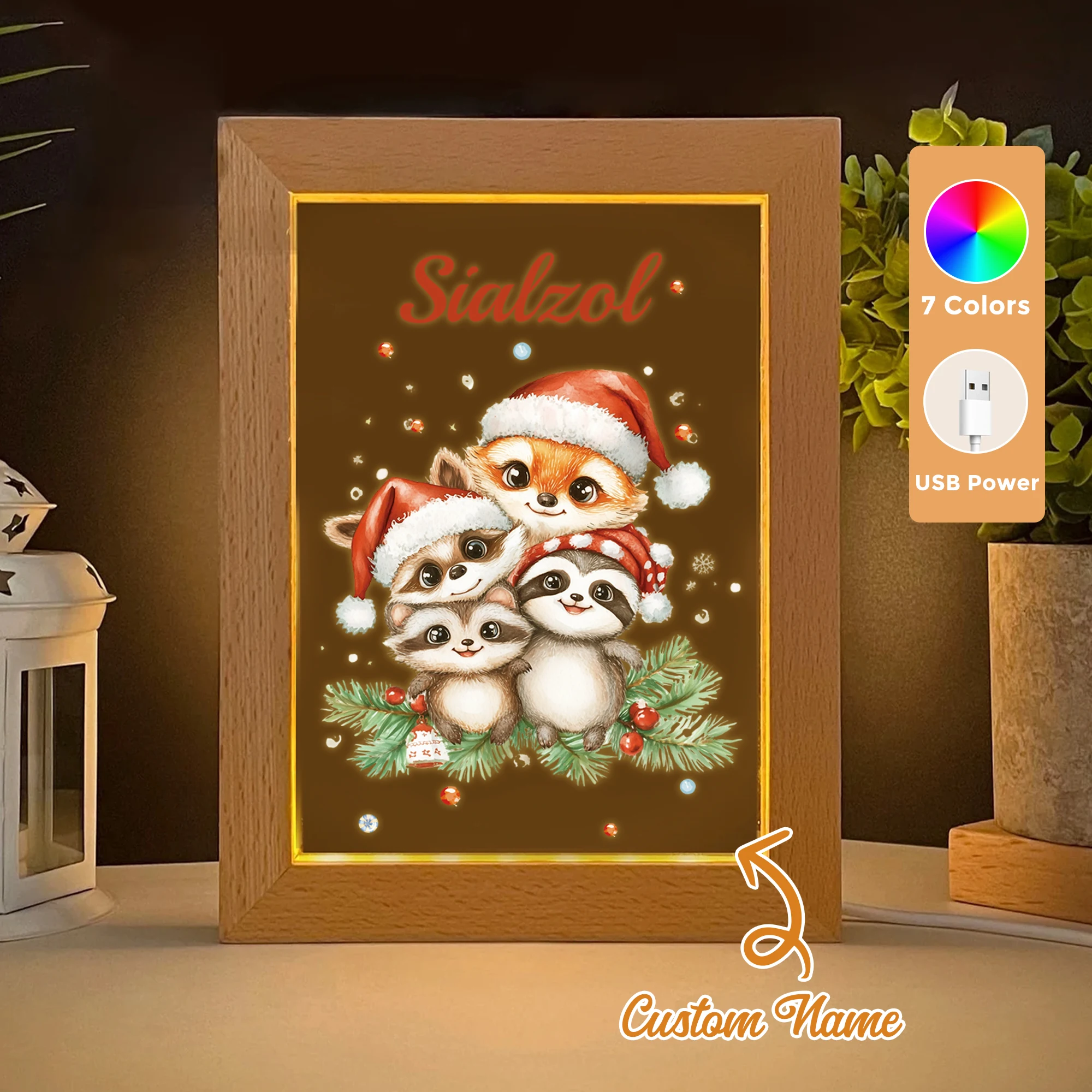 

Custom Name Animal Raccoon LED Acrylic Night Light Wood Photo Frame 21x17cm Christmas Cartoon Children Bedroom Gifts Home Decor