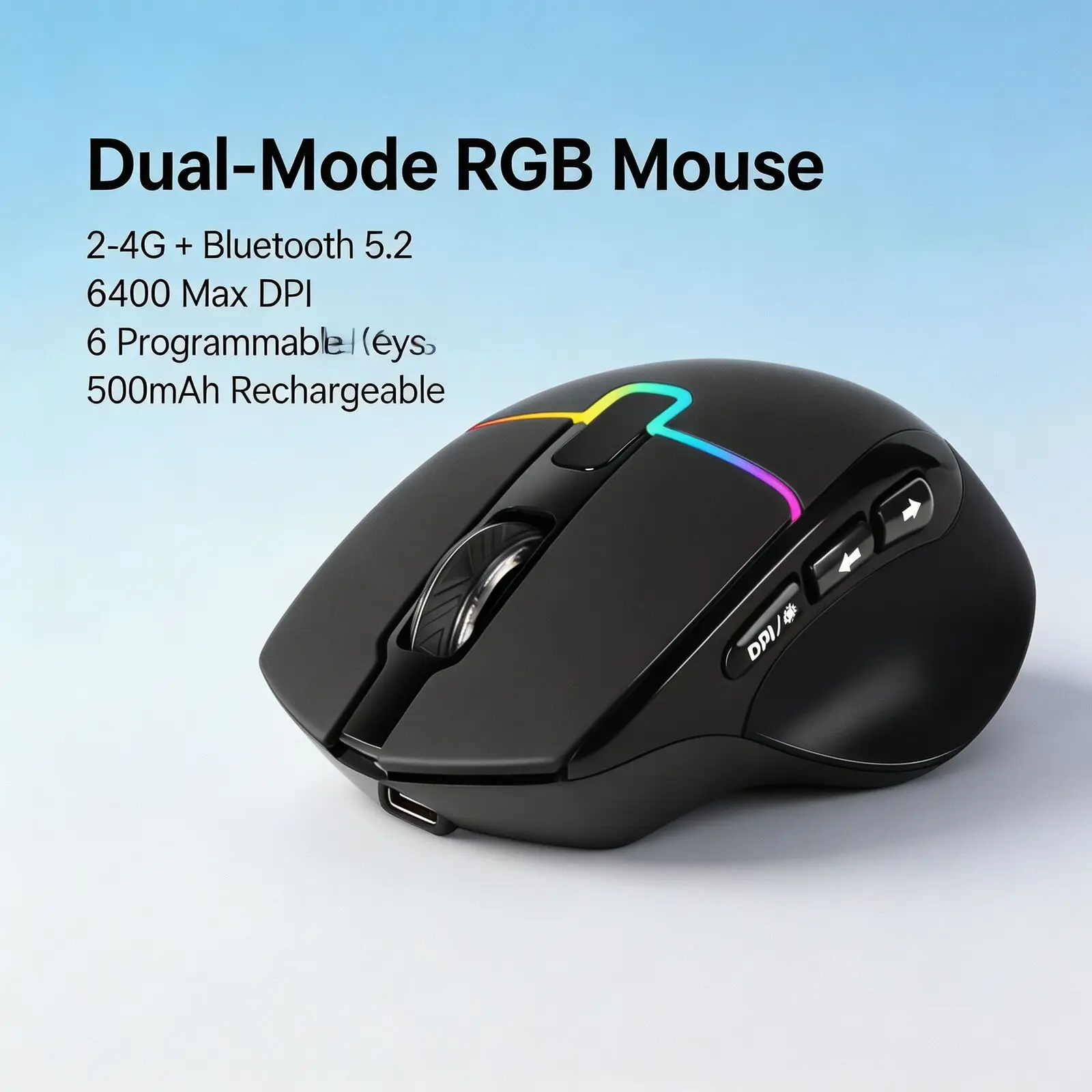 2.4G Bluetooth 5.1/5.2 Dual Mode Wireless RGB Gaming Mouse Rechargeable 6-Button Ergonomic Mice 5-Level DPI for Laptop Tablet PC