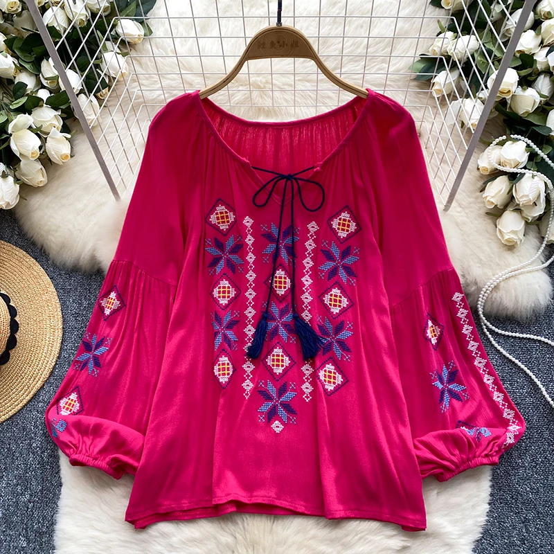 EWQ Fashion Embroidery Lace-up Women's Blouse Versatile Contrast Color Round Collar Long Sleeve Casual Clothing 2024 New 27X1124