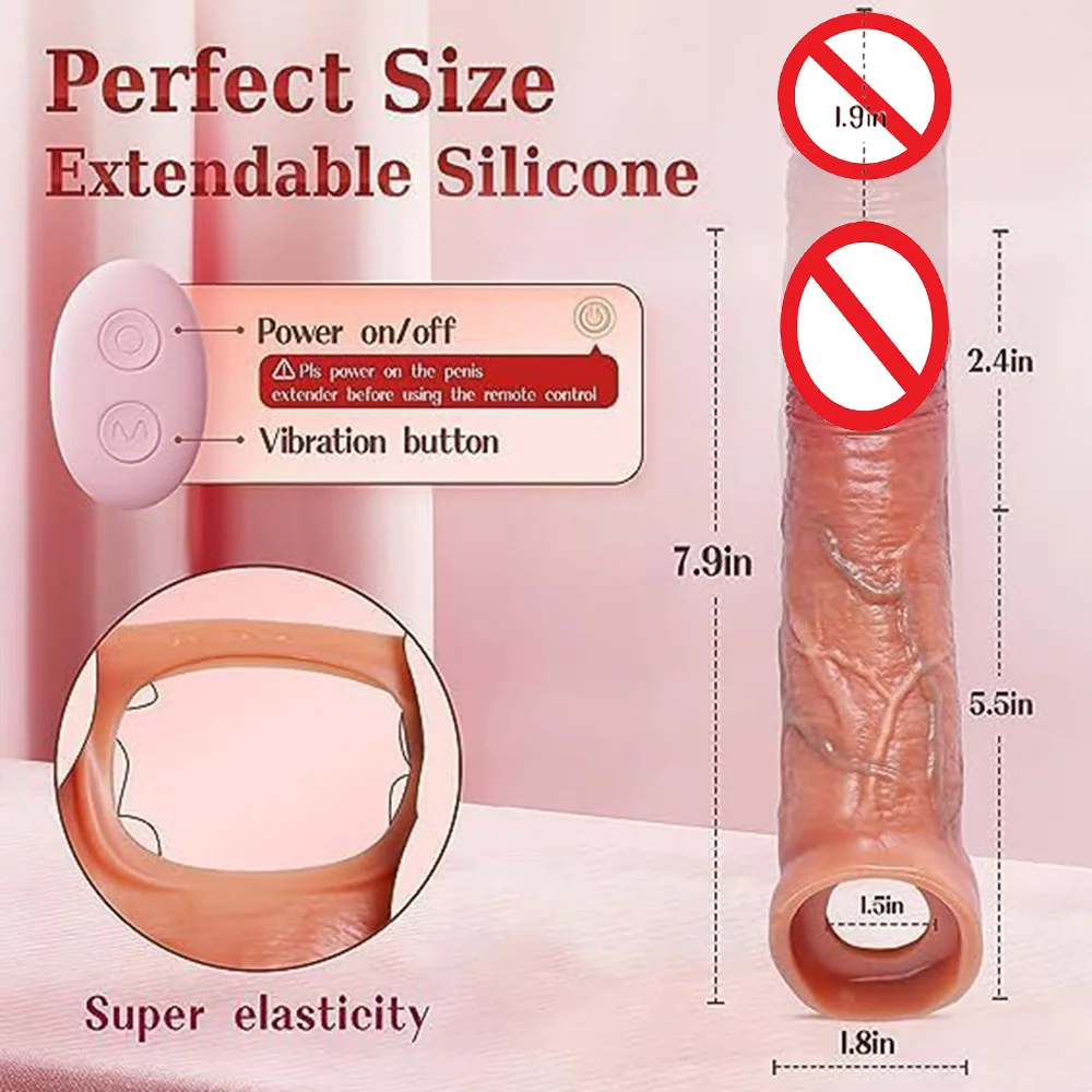 Vibrating Penis Extension Sleeve Ejaculation Delay Remote Control Penis Extender Reusable Silicone G-Spot Stimulator for Couples