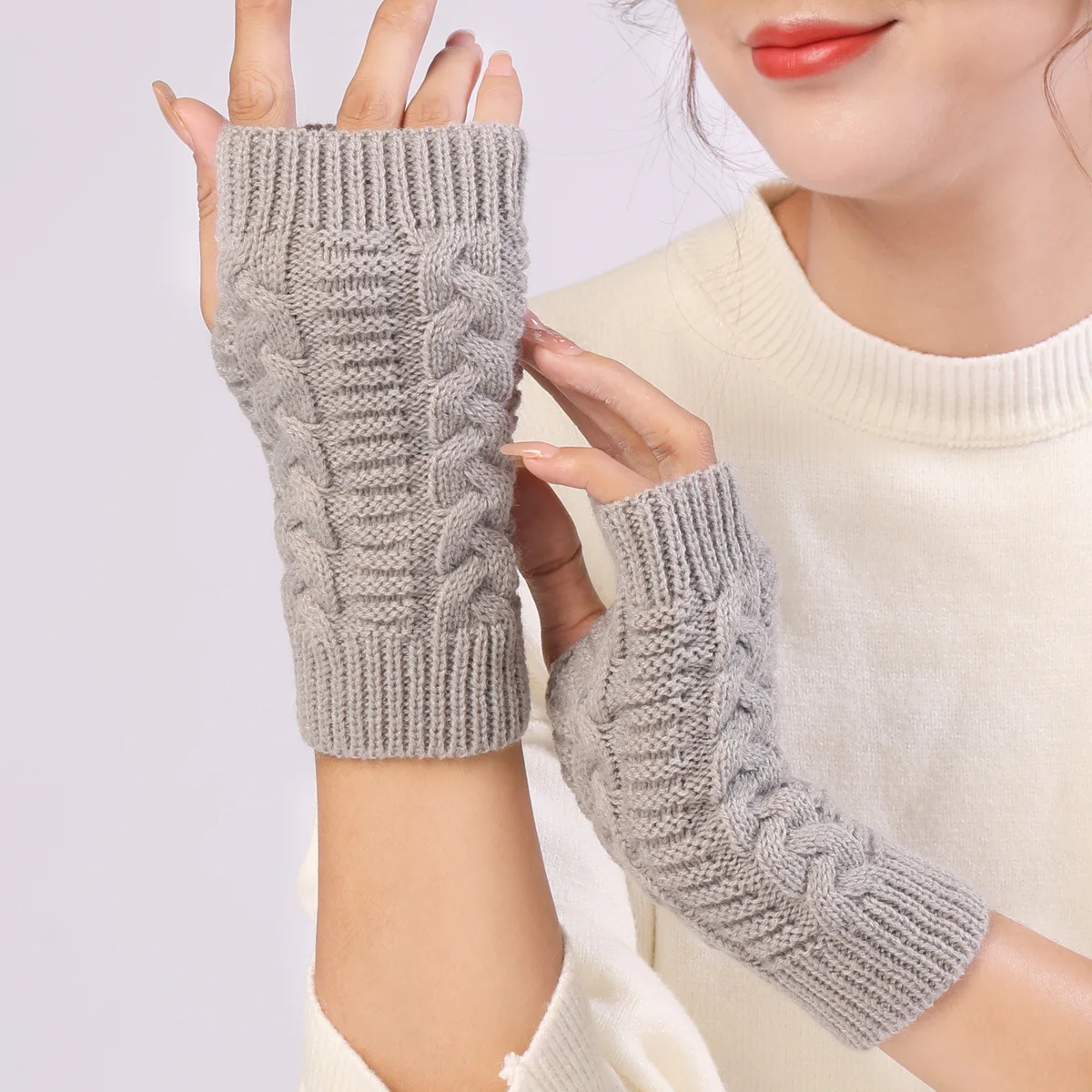 

New Autumn and Winter Knitted Gloves for Men and Women Warmer Twist Pure Color Versatile Fashion Korean Half Finger Mittens