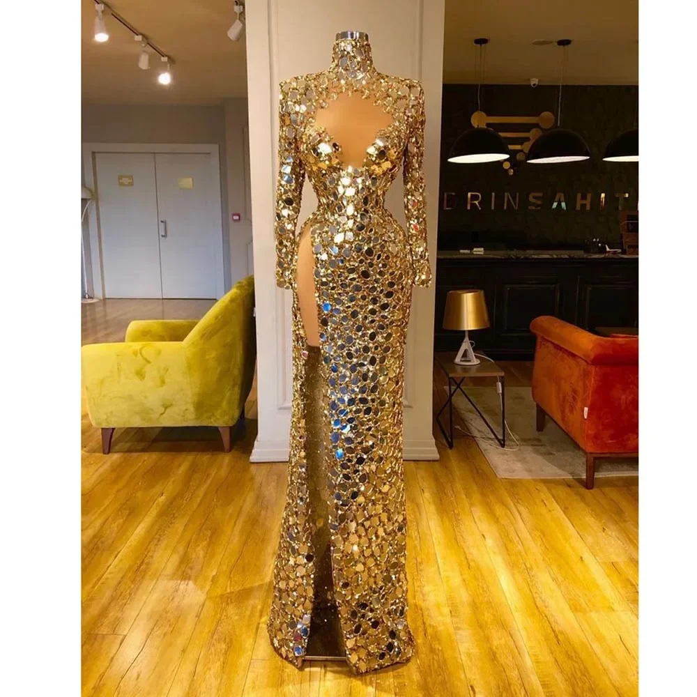 

Luxury Prom Dress with Crystal Sequined Fashion High Collar Long Sleeves Floor Length Straight Gowns Party Catwalk Evening Dress