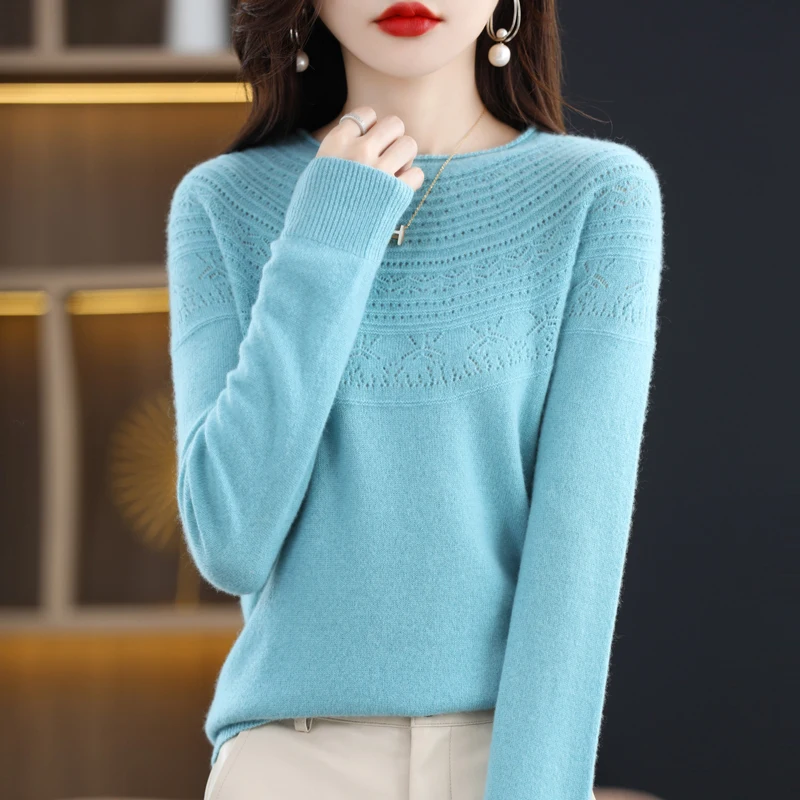 100% Merino Wool Seamless Cashmere Sweater Women\'s O-Neck Hoodie Autumn/Winter New Knitted Sexy Hollow Wool Sweater NJR1107