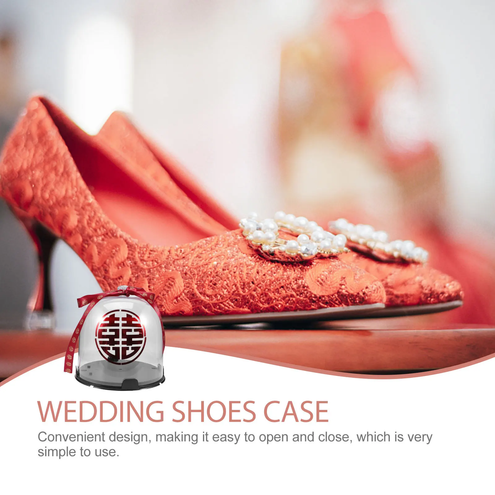 

1Set Wedding High Heel Box Shoe Display Case with Chinese Ribbon Xi Sticker Elegant Shoe Storage Dome for Bridal Shoes