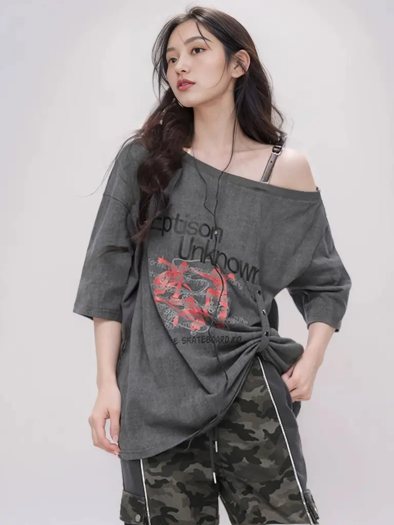 Rétro Hong Kong Sle ort Sve T-irt femmes été 2025 ample Sexy oulder Bared décontracté coton imprimé haut pour les jeunes femmes