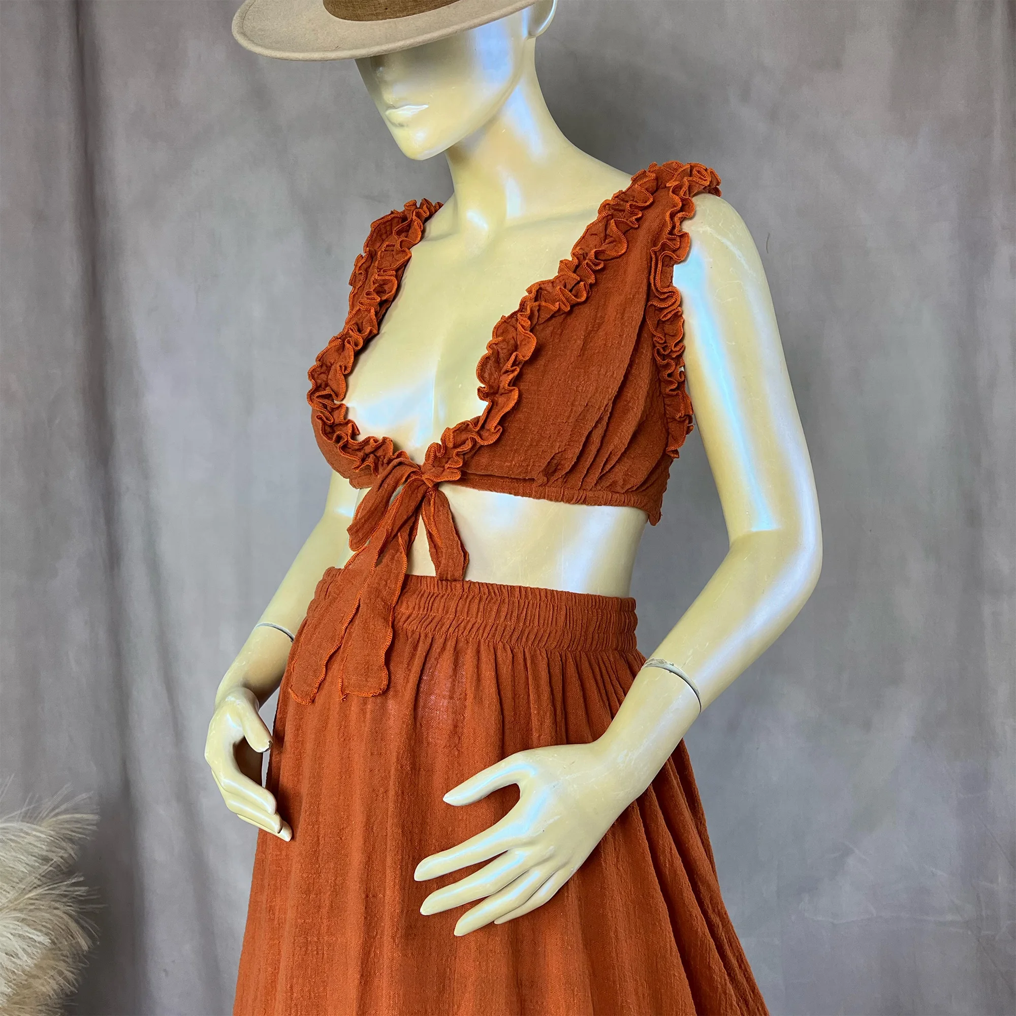 Don&Judy Bohemian Vintage Terracotta Wedding Bride Dress Maternity Photoshoot Party Two Pieces Gown Deep V-neck Ruffles Vestido