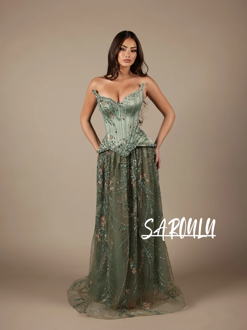 Fairy Sage Green Corset Evening Dress Romantic Chic Beaded A Line Tulle Cocktail Gown Customized Sexy V Neck Formal Banquet Wear