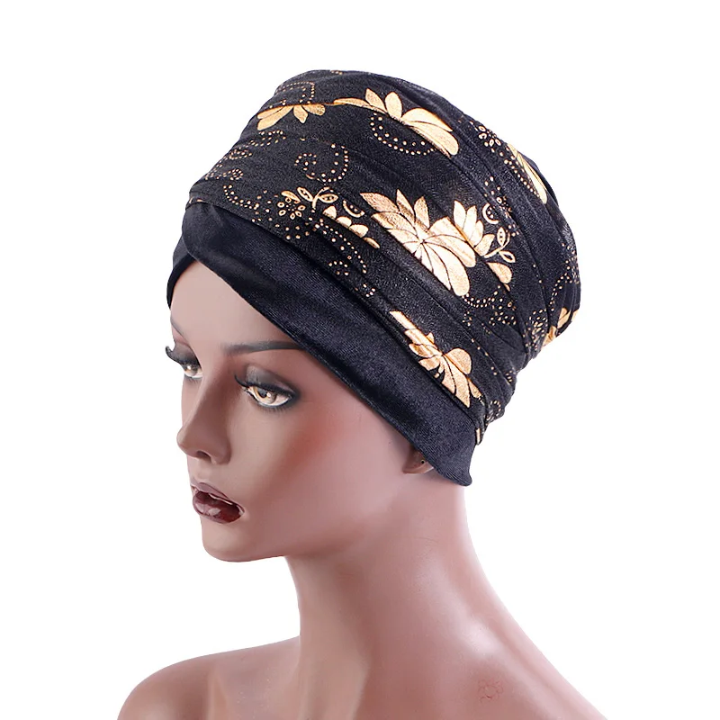 New Women print Gilded mesh Turban Cap Muslim Long Tail Scarf Hat Chemo Cap Hair Loss Islamic Headwrap African Wrap Head Scarves