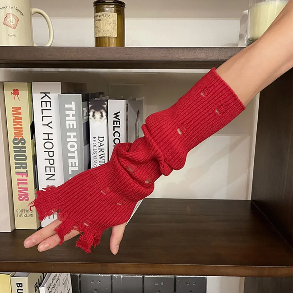 

Arm Cover Elastic Subculture Gloves Wrist Cuffs Hollow out Y2K Fingerless Oversleeve Colorful Punk Ripped Knitted Sleeves Gothic