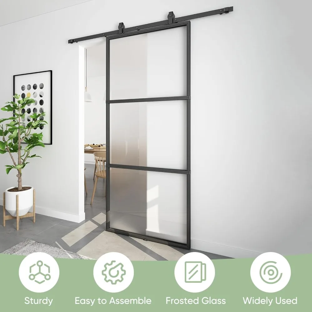 

84in Frosted Glass Barn Door with 6FT Top Mounted Hardware kit Include Soft Close Mechanism Black Carbon Steel