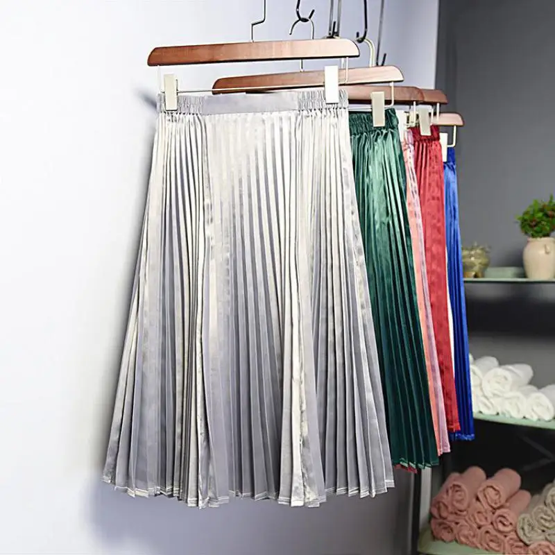 

2024 Spring And Autum New Arrival Available Metal Pleated Skirt Faldas Largas Elegantes Korean Style Vintage Skirt Free Shipping