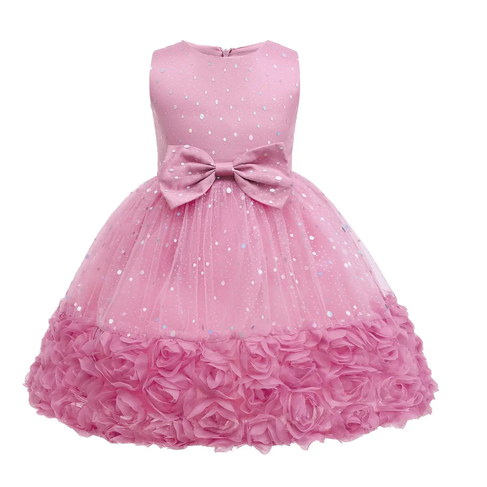 Sweet Girls Sequins Bow Flower Mesh Princess Dress For Children Ceremony Wedding Birthday Party Performance Pageant Prom Gown