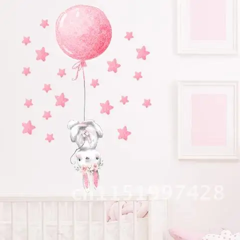 Girl Bunny Hot Air Balloon Rose Gold Pink Wall Stickers for Kids Room Baby Nursery Decorative Stickers Decals