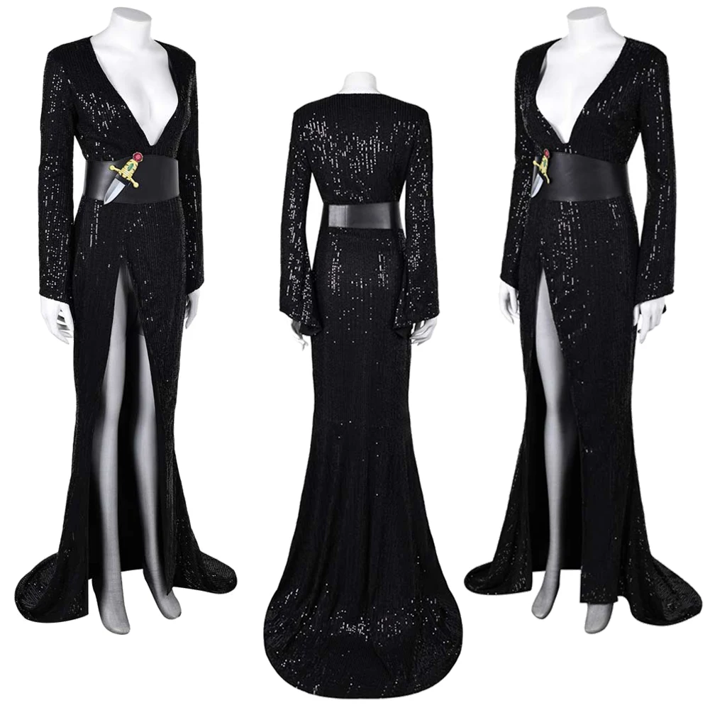 زيّ فيلم عشيقة سوداء للنساء ، تأثيري الفيلا ، فستان أسود مثير بالترتر ، تمويه ، تنكر للكبار ، ملابس خيالية