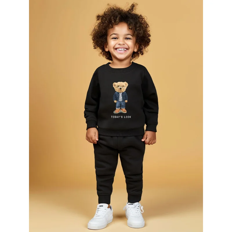 Boys round neck long sleeved hoodie set with cartoon glasses, little bear English letter printed versatile pants two-piece 2353A