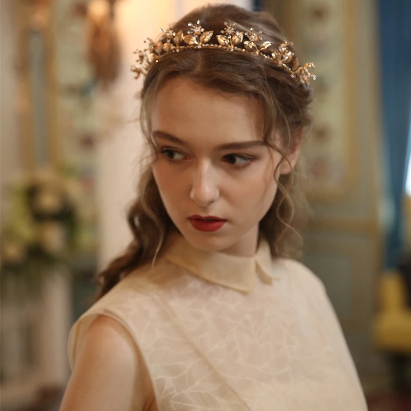 Baroque Women Hairband Gold Color Leaf Bridal Tiara Crown Rhinestone Wedding Hair Piece Handmade Accessories