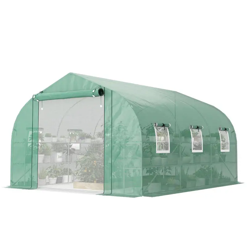 

Outsunny 10'x11'x6' Walk-in Tunnel Greenhouse with Shelves, Mesh Door and Windows, Plant Hot House with PE Cover, Green