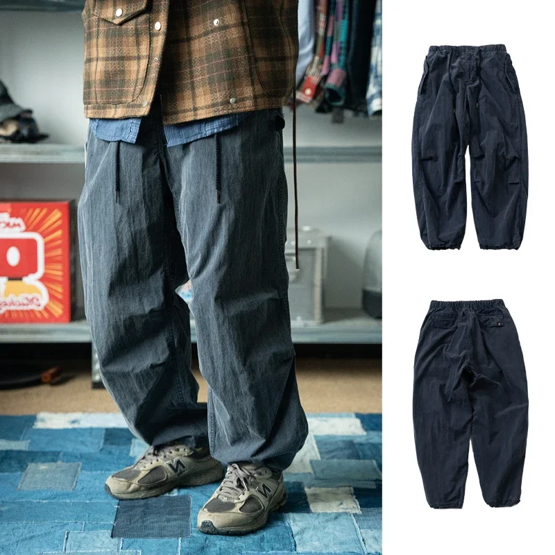 New Arrival Washed Vintage Navy Blue Loose Straight Wide Leg Casual Pants with Adjustable Legs for Both Men and Women