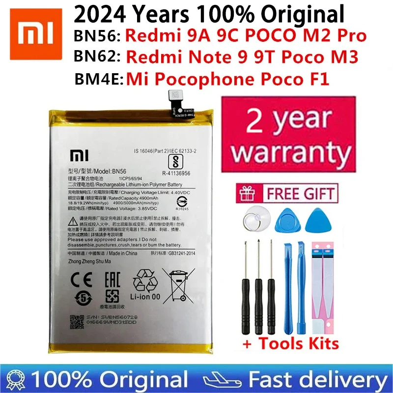 100% Original Replacement Battery BM4E BN56 BN62 For Xiaomi Mi Redmi Note 9 9T 9A 9C Pocophone Poco F1 POCO M2 Pro M3 Batteries