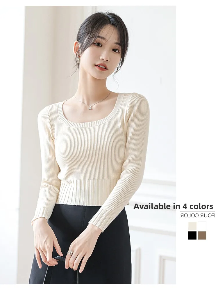 

Short Square Neck Knitwear Women's Spring New Slim Inner Wear Base Sweater Pure Color Long Sleeve Top Autumn Winter