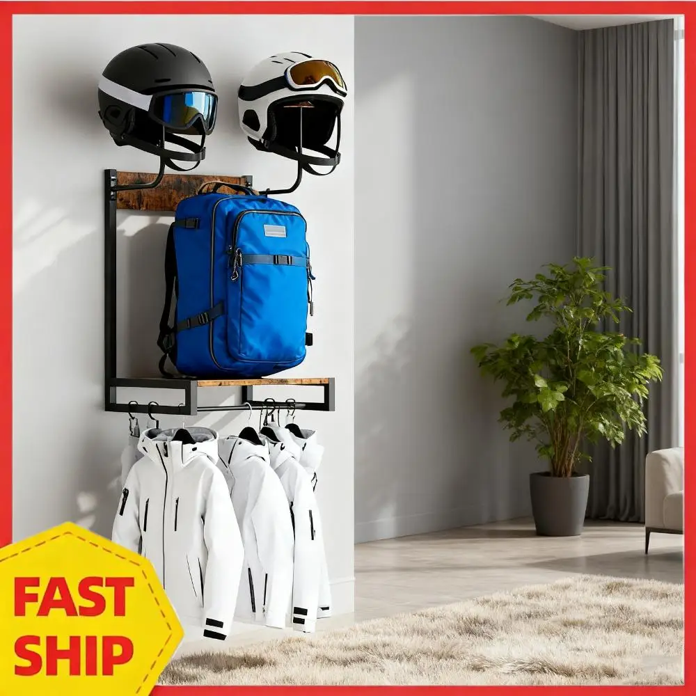 

Деревянная подставка-органайзер для шлемов с крючками, металлическая стойка для хранения мотоциклетных аксессуаров