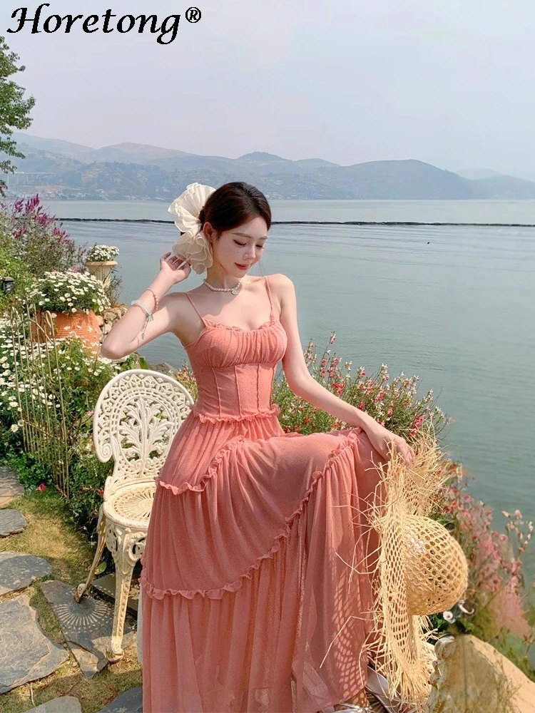 

Women's Summer Solid Cami Maxi Dress Vacation Ruffle Tiered Mesh Corset Waist Cinched Dress Flowy A-line Beach Long Dresses