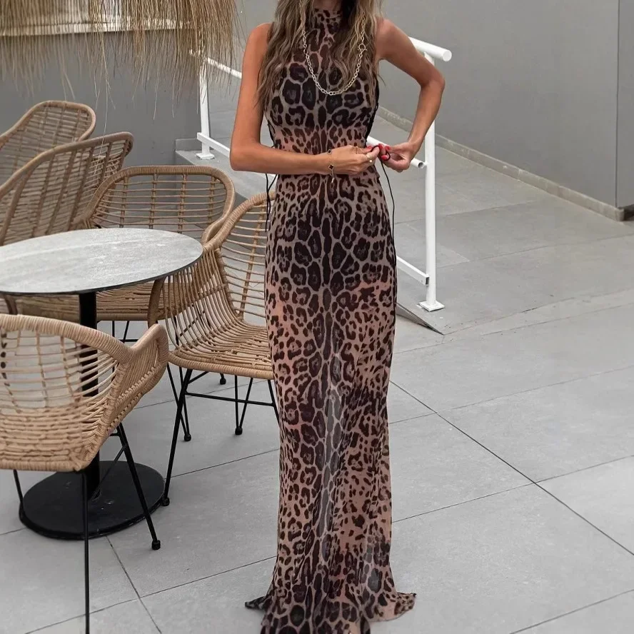 

2025 Summer New Lace up High Waisted Leopard Print Dress for Women