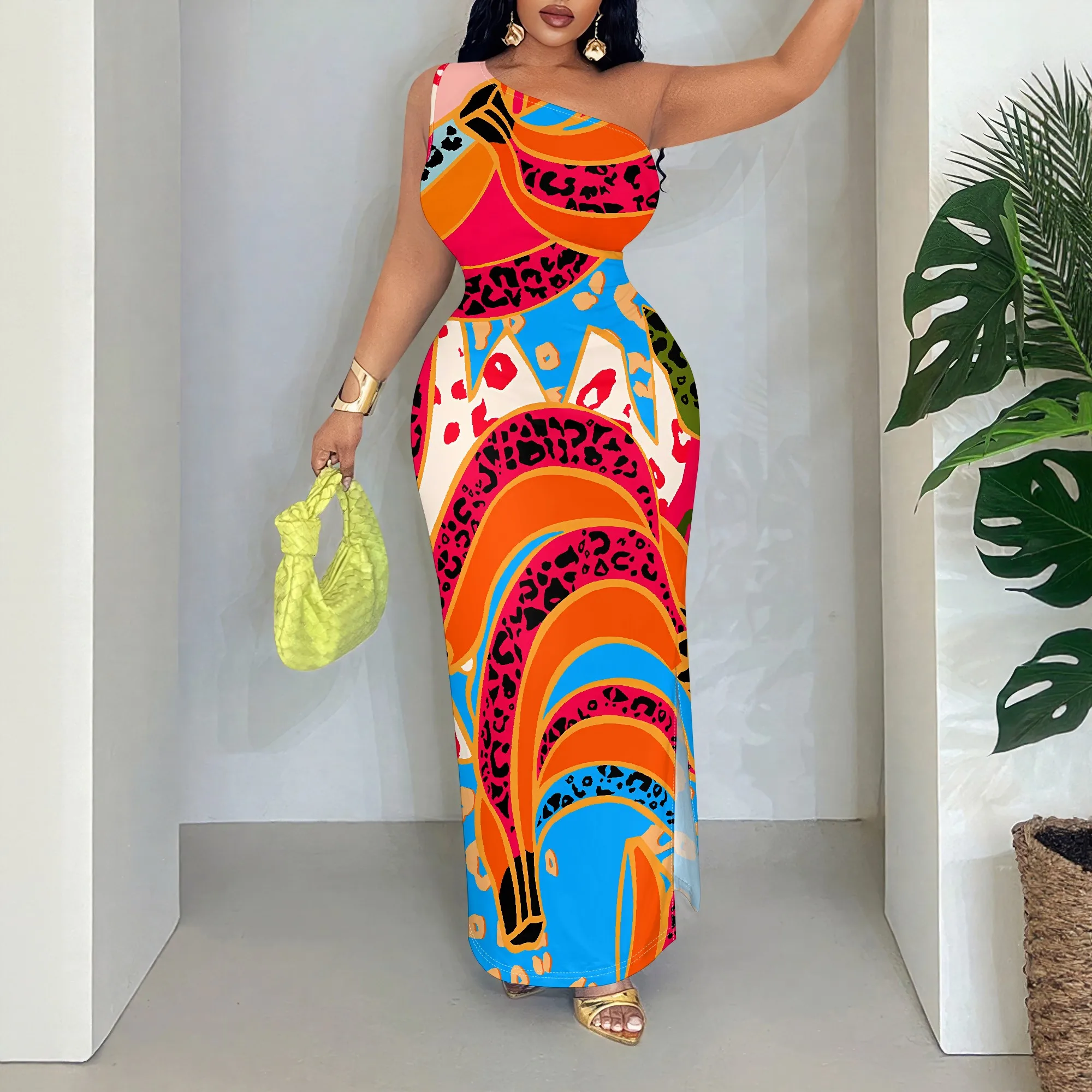 

Vibrant Print One-Shoulder Maxi Dress, Sleeveless Asymmetric Neckline, Bold Colorblock Design, Beach Party Wear, S-2XL