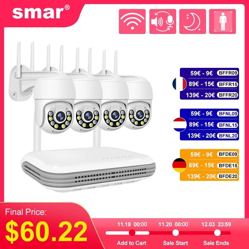 Smar 3MP système de caméra de sécurité CCTV sans fil PTZ Wifi caméra Kit de caméra de Surveillance extérieure alarme 8CH NVR WIFI ensemble de caméra