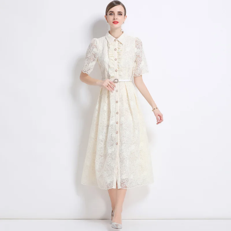 Ele Street Sle Spódnica Midi z Koronkowym Haftem, Rozkloszowany Dół, Wysoki Stan, Linia A, Poliester, Dzianina