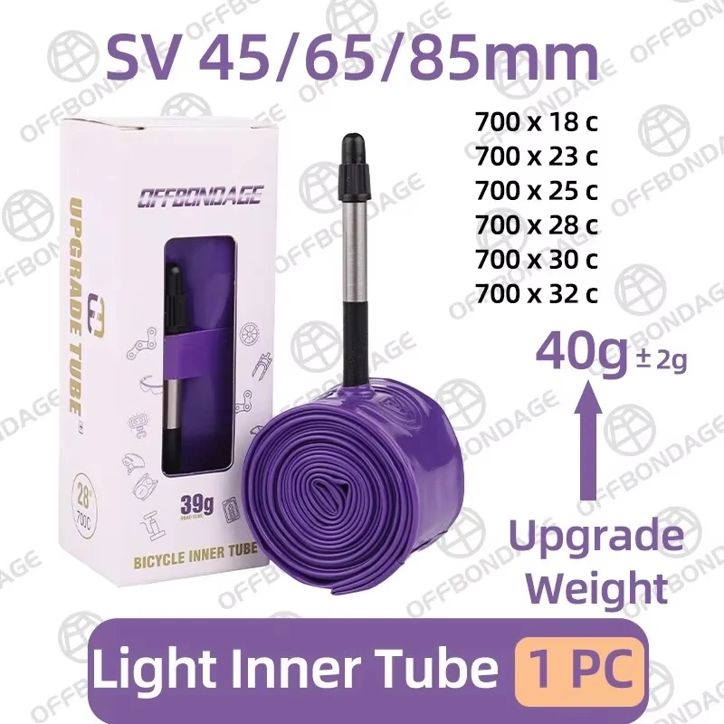 OFFBONDAGE 1 szt. Ultralekka dętka rowerowa 39g 700CC do rowerów szosowych, materiał TPU, opona z zaworem francuskim o długości 65mm, akcesorium rowerowe