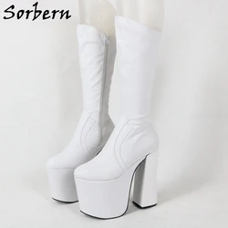 Sorbern 18Cm White Matt Knee High Boots Women Drag Queen Shoes Visible Platform Block High Heels Custom Slim Wide Leg Fit