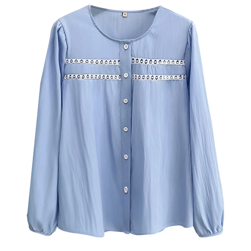 

Plus Size Women's Blouses New Autumn Style Lace Patchwork Long Sleeve Shirt 326