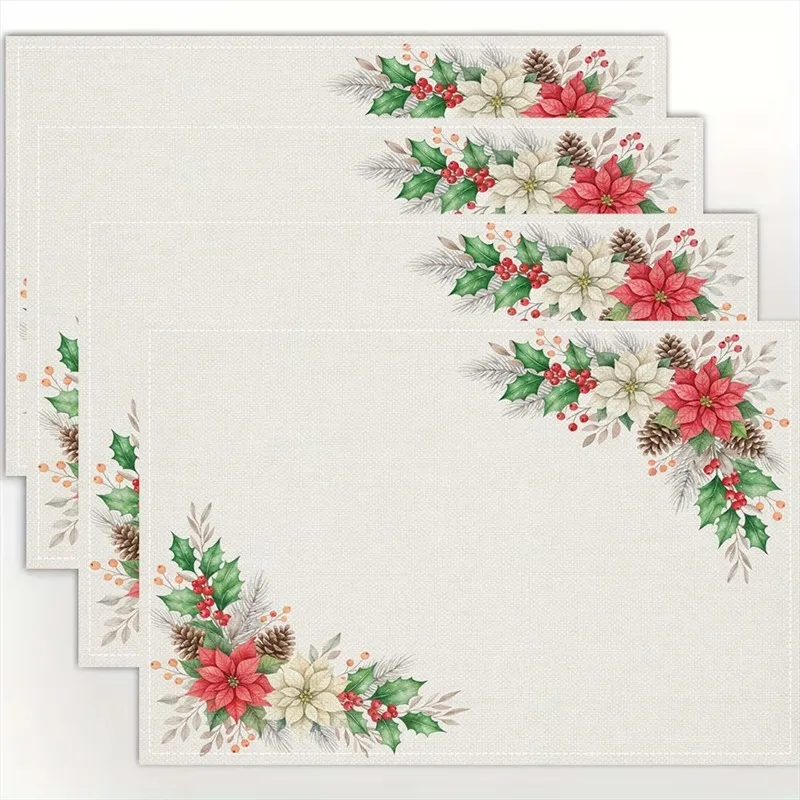 VIKAMA Linen Placemats Poinsettia Pinecone Cream Red, Stain Resistant Easy to Clean, Dining Table Holiday Decor