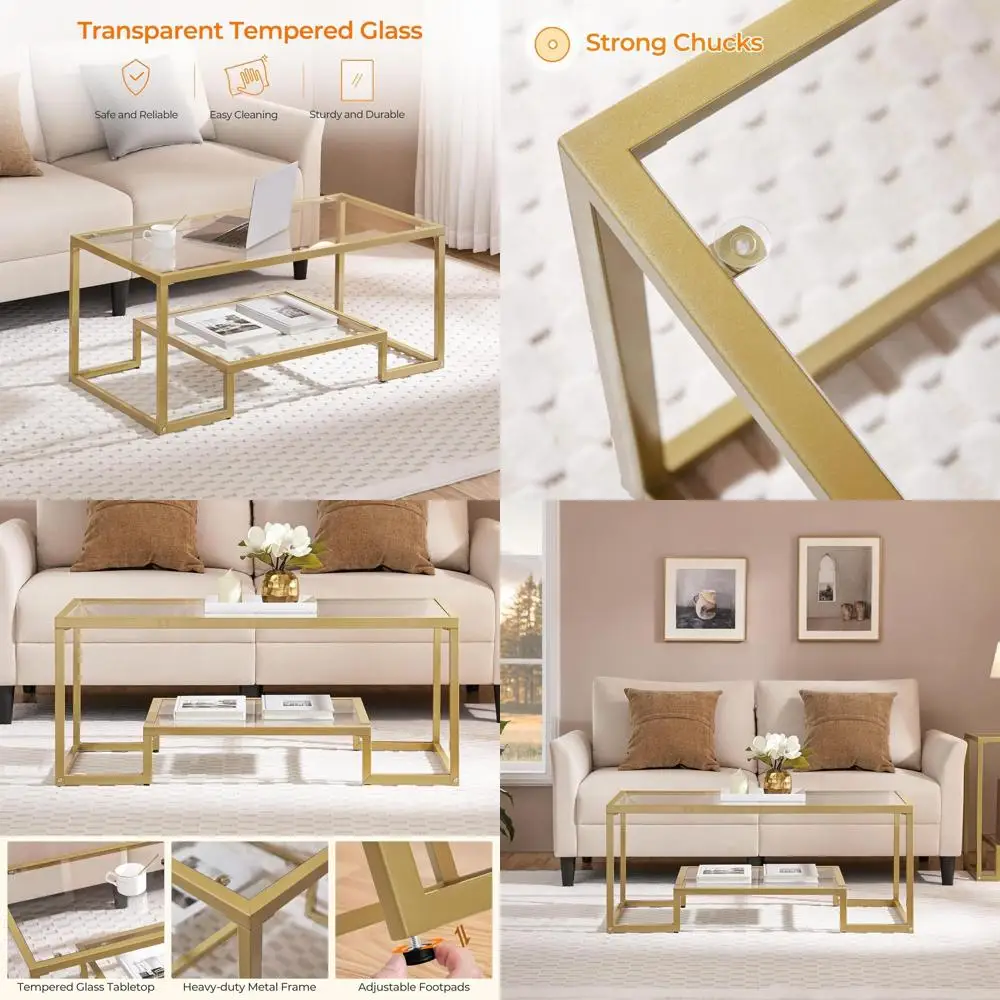 

42 Modern Glass Coffee Table with 2-Tier Storage for Living Room and Office, Ideal for Small Spaces