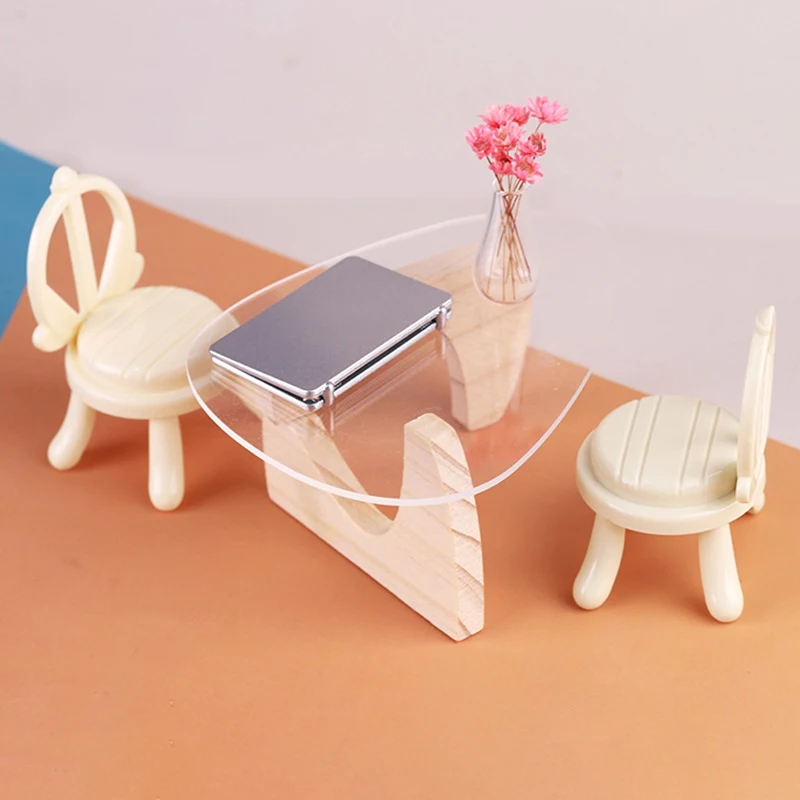 1Set 1:12 Dollhouse Miniature Dining Table Chair Model Acrylic Office Desk Furniture Model Decor Toy Doll House Accessories