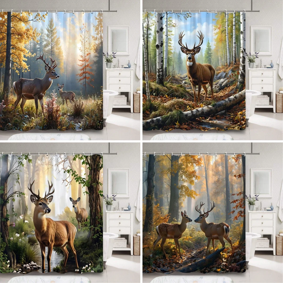 Deer Shower Curtain Deep Forest Autumn Nature Landscape Animal Thanksgiving Polyester Shower Curtains Bathroom Decor with Hooks